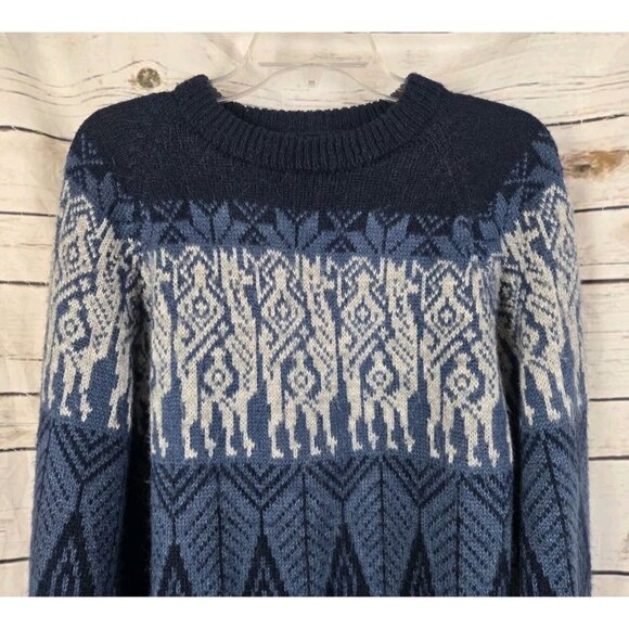 Alpaca Connection Alpaca Blend Sweater M Mens Aztec Blue Print Pullover Peru - Picture 2 of 5